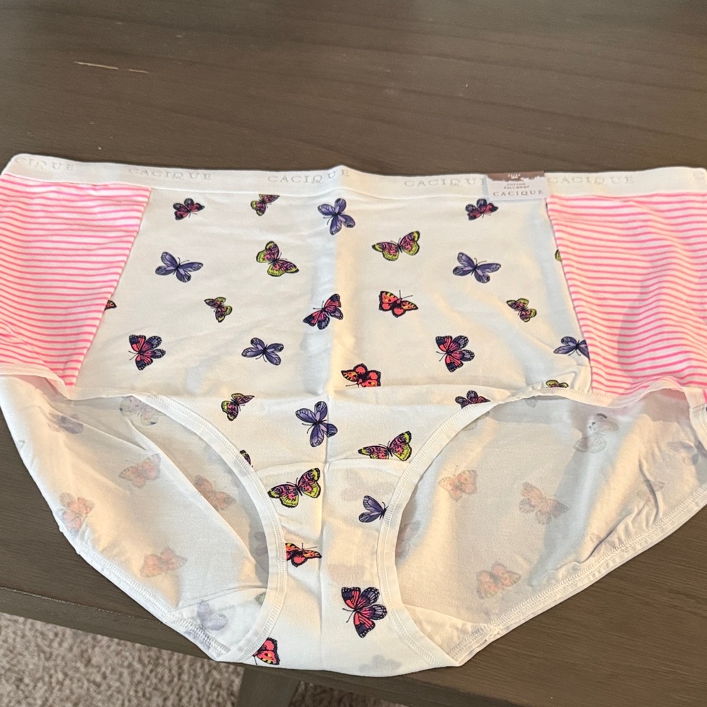 Cacique White Briefs with Multicolor Butterfly Print and Pink Striped Sides